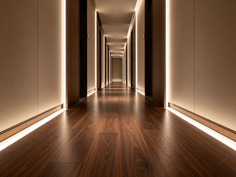 Dark wood grain SPC rigid core flooring for hotel corridor, scratch resistant waterproof vinyl flooring for commercial project
