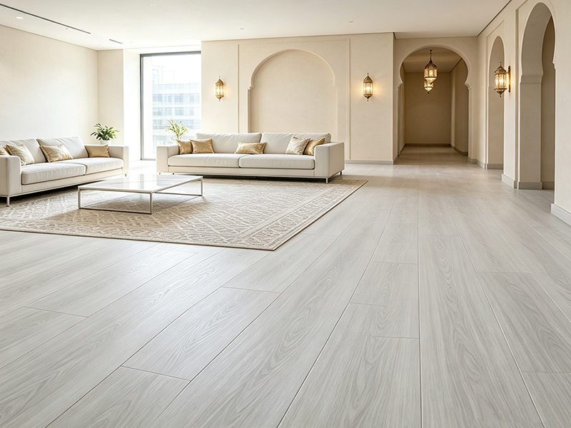 Light grey wood grain SPC flooring for cream style large living room, waterproof rigid vinyl flooring for home renovation