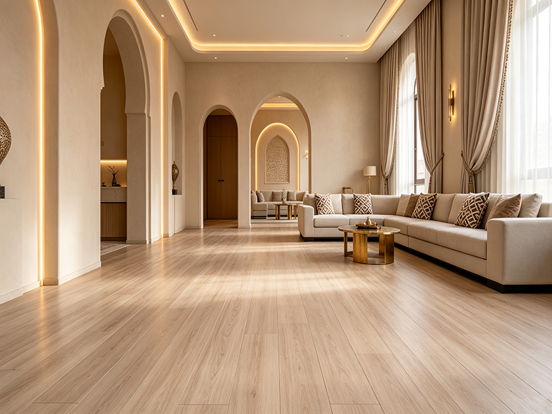 Light natural wood SPC flooring for spacious villa living room, waterproof click vinyl flooring for luxury residential interior