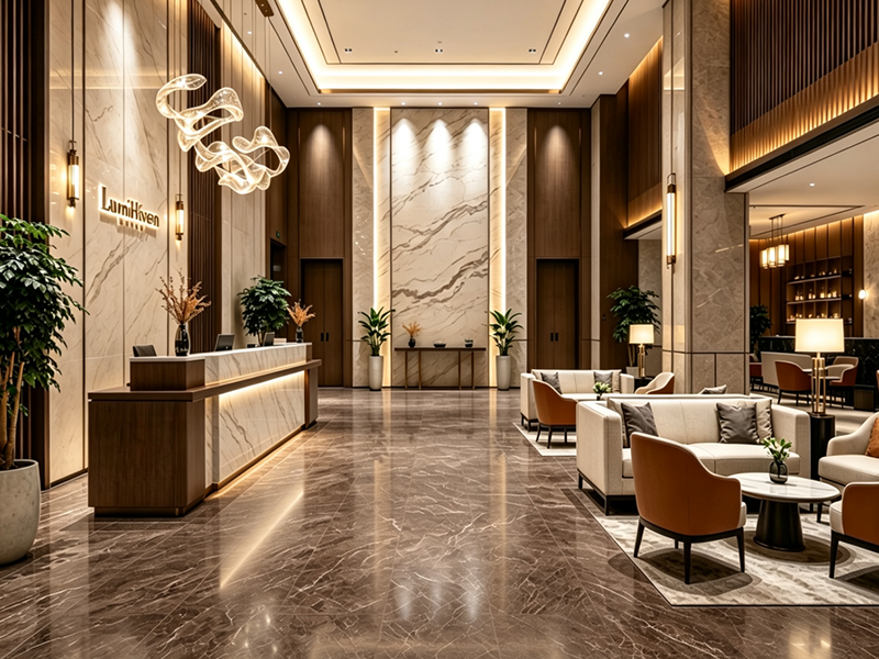 Marble look SPC rigid core flooring for hotel lobby, waterproof high gloss vinyl flooring for commercial hospitality project